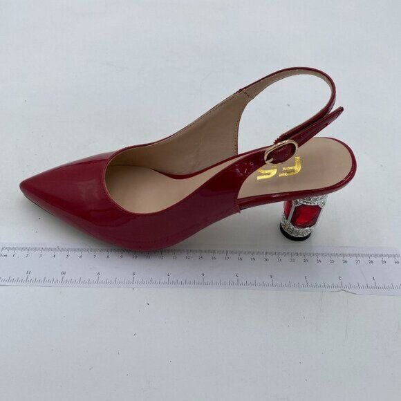 FSJ Women Closed Pointed Toe Crystal Block Chunky Mid Heel Slingback Pumps - Picture 2 of 8